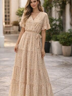 Beige Tiered Wrap Maxi Dress with Tie Waist Sz L